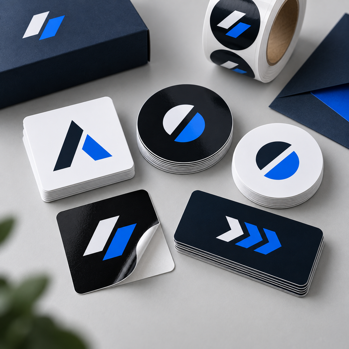 Custom business logo stickers in square, round and rectangular shapes