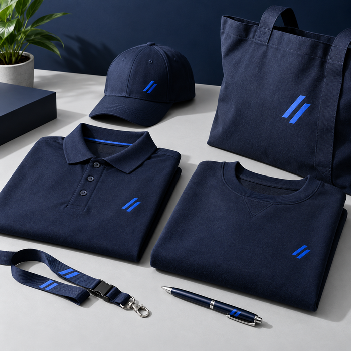 Business workwear and team essentials bundle with garments lanyards and pens
