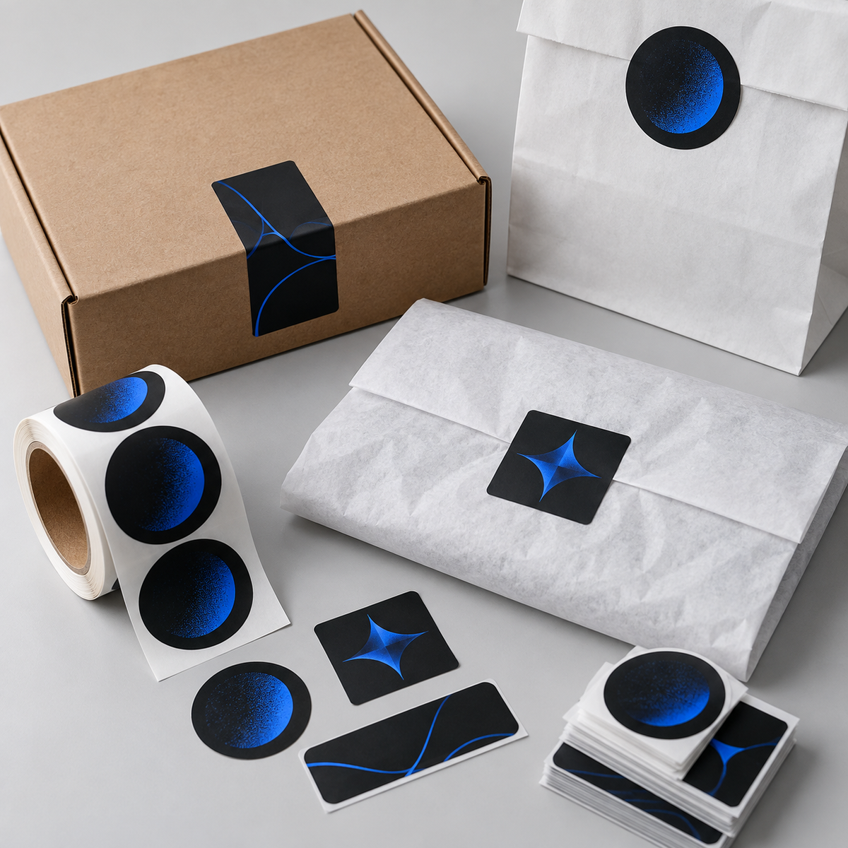 Custom packaging stickers and seals on boxes, bags and tissue