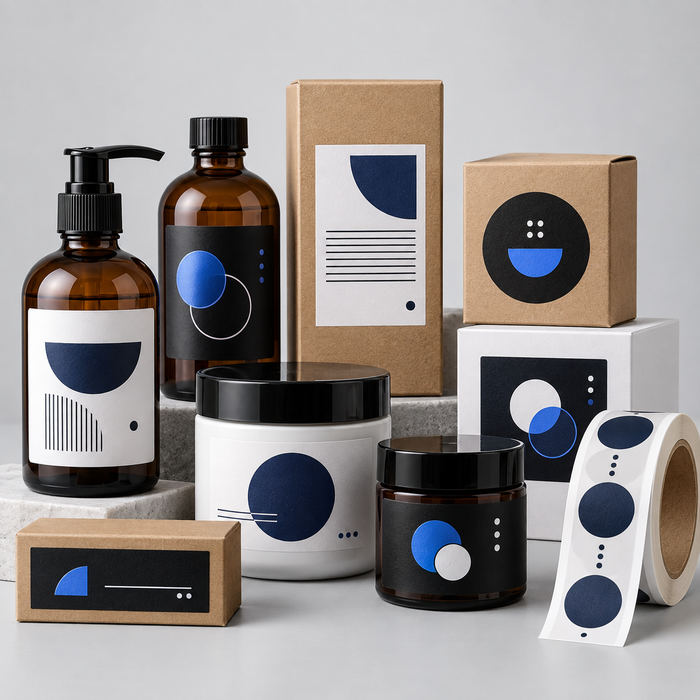 Custom product labels on bottles, jars and packaging