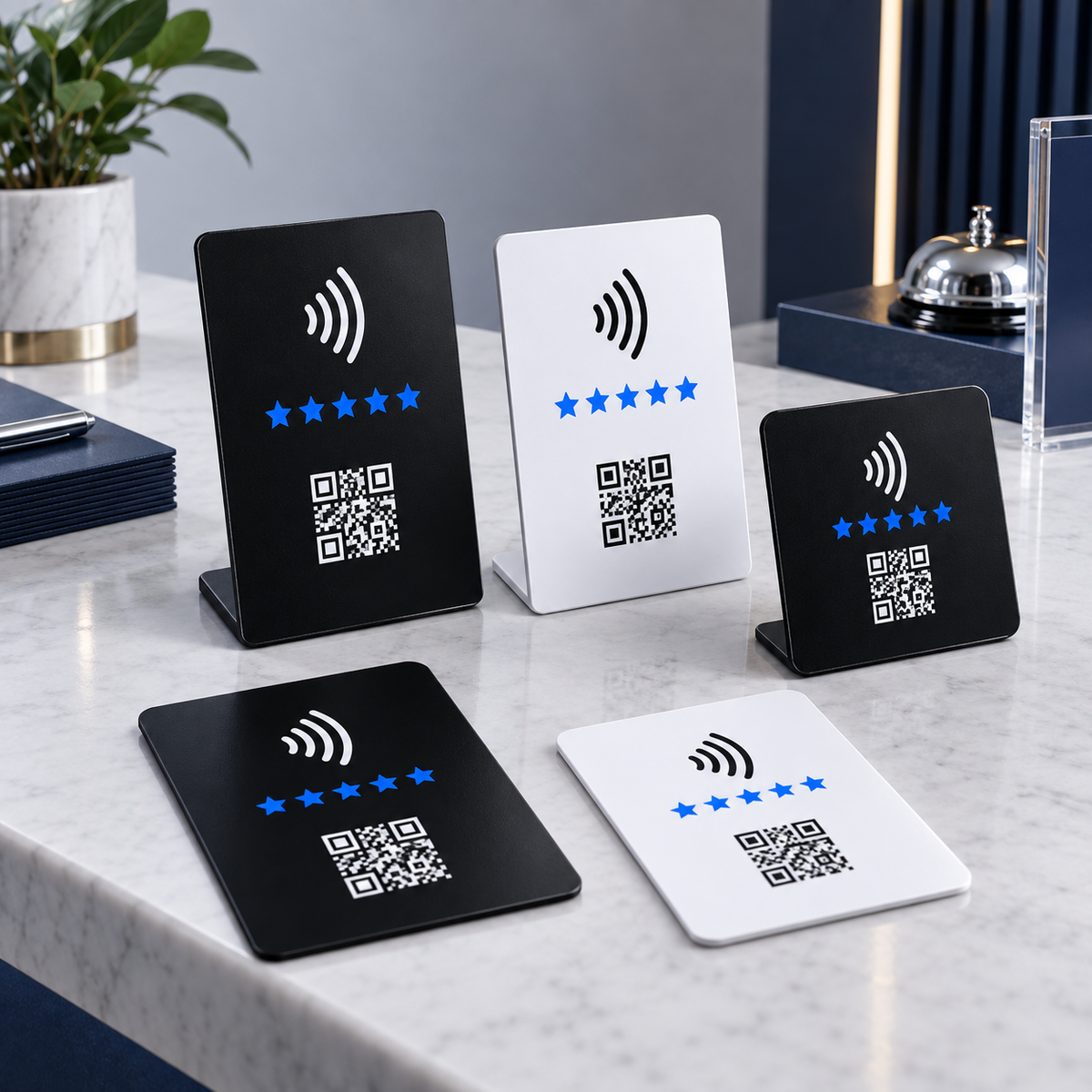 Contactless NFC review cards in black and white