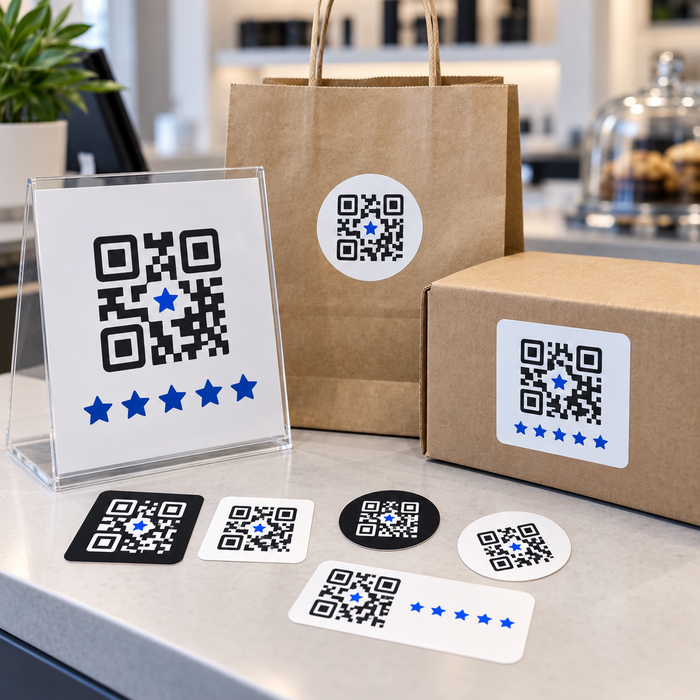 Leave a review QR stickers in multiple shapes