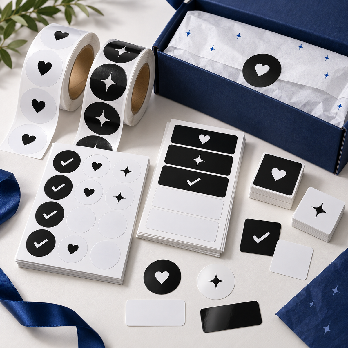 Preset and custom thank you stickers in black and white